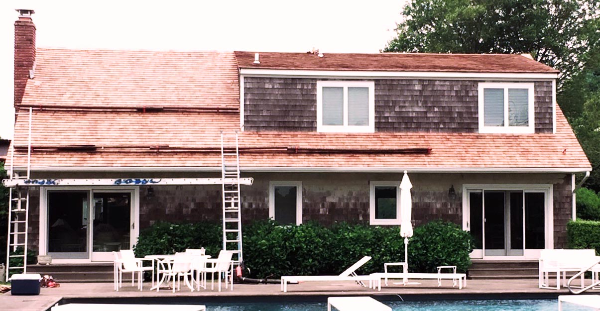 A cedar shake roof and siding job on Long Island